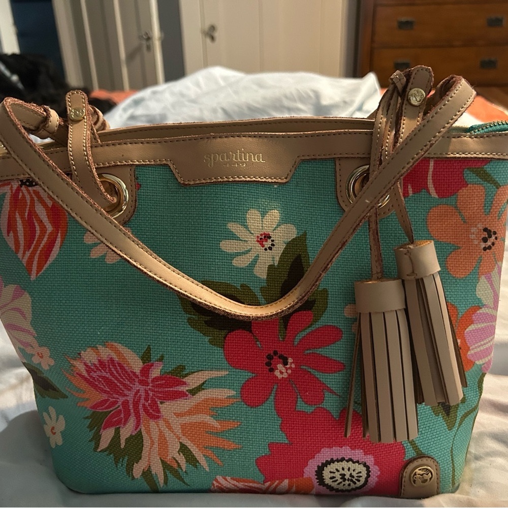 Spartina 449 Blue and Tan Bag with Floral Design